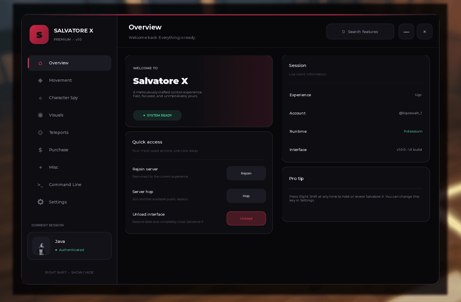 Salvatore X dark interface showing overview, navigation, session information, and quick actions